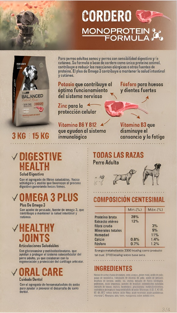 Alimento Vitalcan Balanced Natural Cordero Perro Adulto 15 K